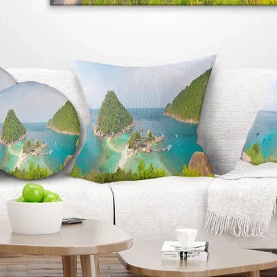 Design Art Landscape Tropical Island Panorama - Sea & Shore Printed Pillow In Blue;green