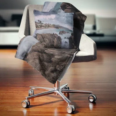 Design Art Landscape Wall Heavy Rain Clouds Over Crescent Bay Pillow In Blue;black;brown;green;red;yellow