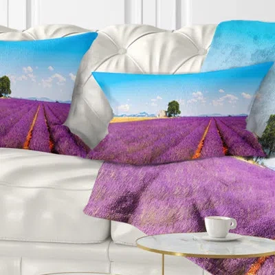 Design Art Landscape Wall Remote House And Tree In Lavender Field Lumbar Pillow