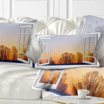 Design Art Landscape Wall Window To Sunset Over The Snow Lumbar Pillow