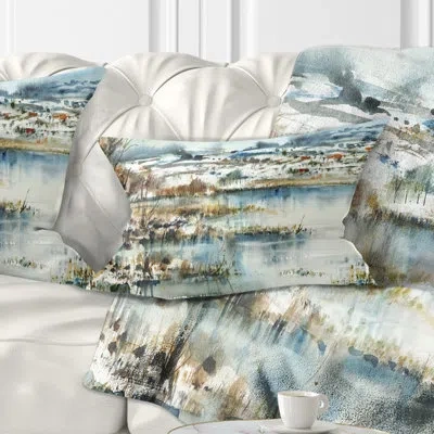 Design Art Landscape Wide Winter Lake Watercolor Lumbar Pillow
