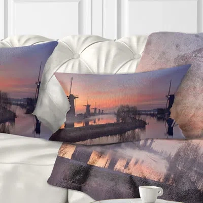 Design Art Landscape Windmills At Sunrise Panorama Lumbar Pillow