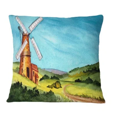 Design Art Landscape With A Windmill And A Tiled Roof House - Country Printed Throw Pillow In Blue;green