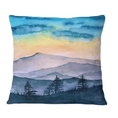 Design Art Landscape With Distant Misty Mountains At Sunset - Country Printed Throw Pillow In Blue;black;brown;green;red;yellow