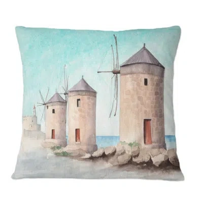 Design Art Landscape With Three Windmills - Industrial Printed Throw Pillow In Blue;beige