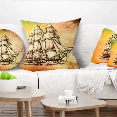 Design Art Large Ancient Moving Boat - Sea & Shore Printed Pillow In Blue;black;brown;green;red;yellow