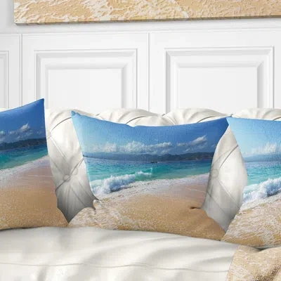 Design Art Large Blue Beach In Gili Island - Sea & Shore Printed Throw Pillow In Green