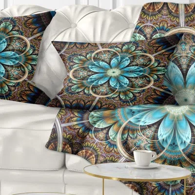 Design Art Large Brown Blue Fractal Flower - Floral Printed Throw Pillow