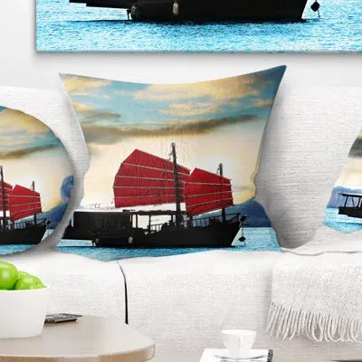 Design Art Large Chinese Sailing Ship - Sea & Shore Printed Pillow In Blue;red