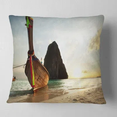 Design Art Large Fishing Ship In Andaman - Sea & Shore Printed Throw Pillow In Brown;white