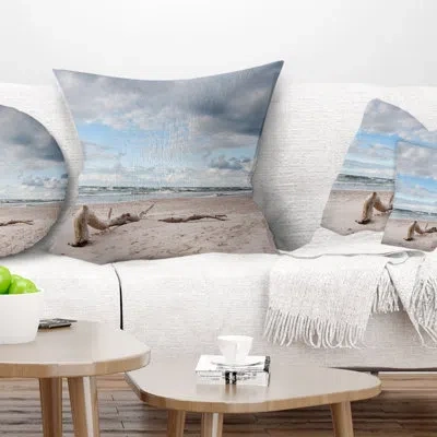 Design Art Large Piece Of Wood On Beach - Sea & Shore Printed Pillow In Blue;black;brown;green;red;yellow