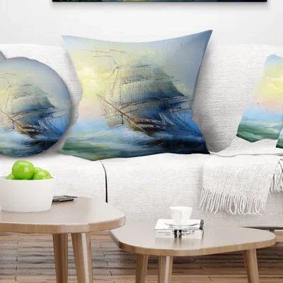 Design Art Large Sailing Boat - Sea & Shore Printed Pillow In Blue;black;brown;green;red;yellow