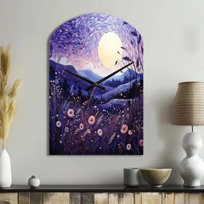 Design Art Lavender Enchanting Lavender Pointillism I - Lavender Fields Arch Metal Wall Clock, Purple Asymmetri In Yellow;purple
