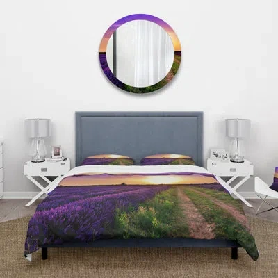 Design Art Lavender Field At Dawn Ii - Farmhouse Duvet Cover Set - Microfiber Polyester In Yellow;purple
