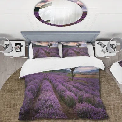 Design Art Lavender Field At Dawn Iii - Farmhouse Duvet Cover Set - Microfiber Polyester In Purple