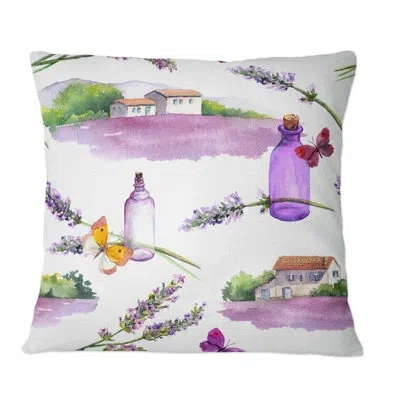 Design Art Lavender Flowerswith Perfume Oil Bottles - Country Printed Throw Pillow In Pink