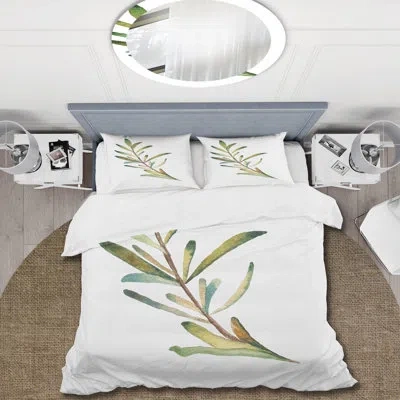 Design Art Leaf Rosemary Branch - Traditional Duvet Cover Set - Microfiber Polyester In Green,white