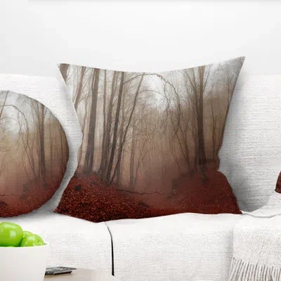 Design Art Leaves In Foggy Fall Forest Landscape Photography Pillow