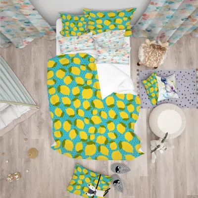 Design Art Lemon Pattern - Food Tropical Duvet Cover Set - Microfiber Polyester In Blue