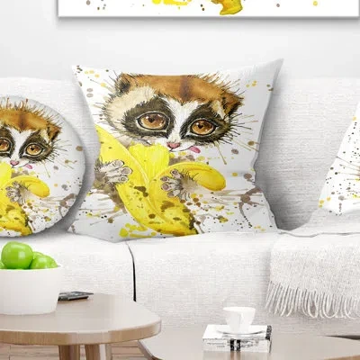 Design Art Lemur Eating Banana Graphics Art - Animal Printed Throw Pillow In Brown;yellow