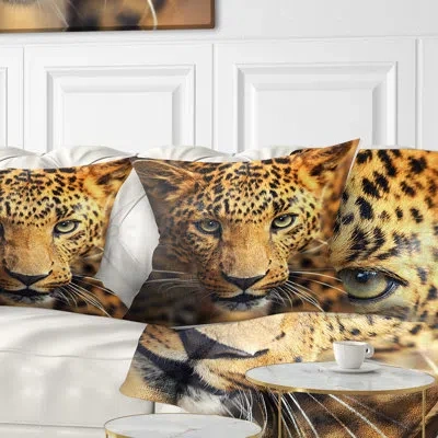 Design Art Leopard Face Close Up - Animal Printed Pillow In Brown