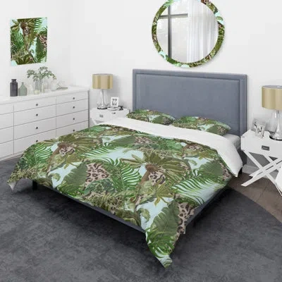 Design Art Leopard Skin Leaves - Floral Duvet Cover Set - Microfiber Polyester In Green