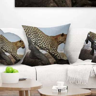 Design Art Leopard Walking On Tree - Animal Printed Pillow In Black