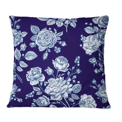 Design Art Light Blue Roses On Dark Blue - Patterned Printed Throw Pillow