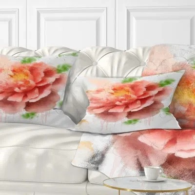 Design Art Light Red Rose Sketch Watercolor - Floral Printed Throw Pillow