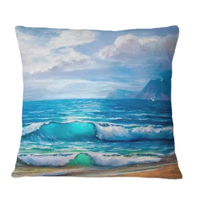 Design Art Light Reflecting Trhough Sea Waves At The Shore - Nautical & Coastal Printed Throw Pillow In Blue