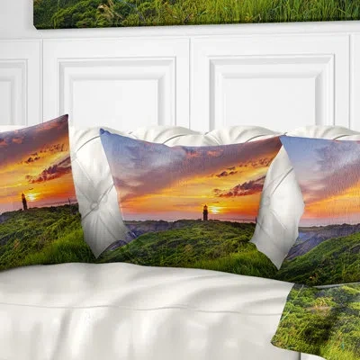 Design Art Lighthouse At Gorgeous Sunset - Landscape Printed Pillow In Blue;black;brown;green;red;yellow