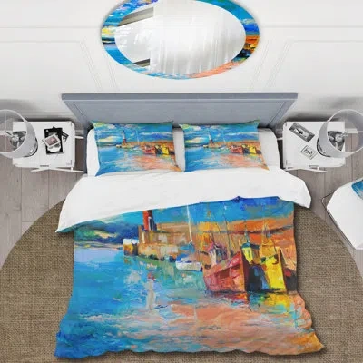 Design Art Lighthouse In Evening Glow By The Shore - Nautical & Coastal Duvet Cover Set - Microfiber Polyester In Blue,orange,yellow