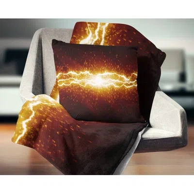 Design Art Lightning On Dark Sky - Abstract Printed Throw Pillow In Black;gold