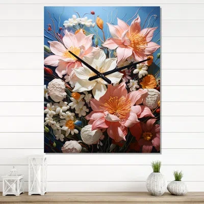 Design Art Lilies Luxe Ii - Floral Wall Clock Oversized In White;coral