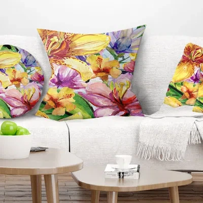 Design Art Lily Flowers Art - Floral Printed Pillow In Yellow;pink