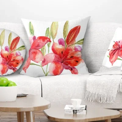 Design Art Lily Flowers - Floral Printed Pillow In Green;red