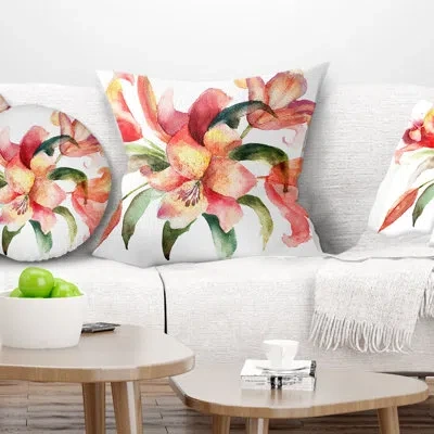 Design Art Lily Flowers Watercolor - Floral Printed Pillow In Green;pink