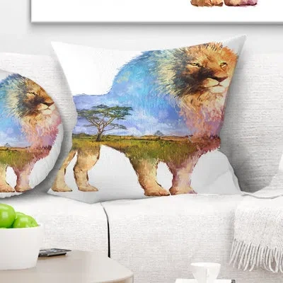 Design Art Lion Double Exposure - Animal Printed Pillow In Brown