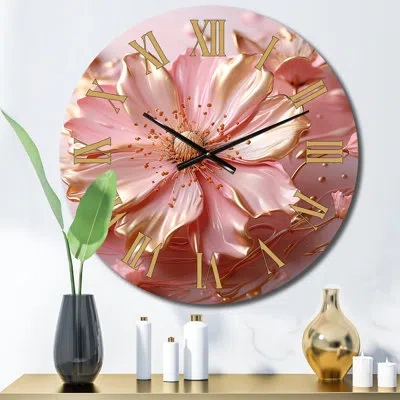 Design Art Liquid Flower Art Tender White And Light Pink Ii Metal Wall Clock In Pink;gold