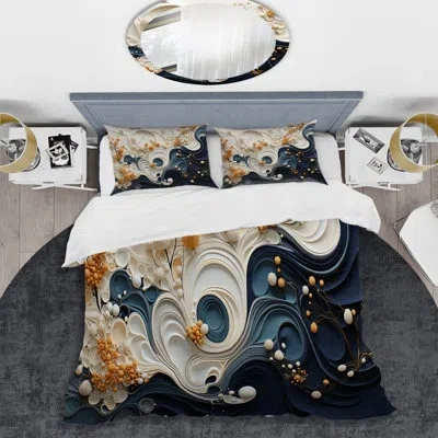 Design Art Liquid Ink Spiralscape Iii - Abstract Spirals Duvet Cover Set - Microfiber Polyester In Blue;gold;cream