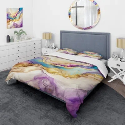 Design Art Liquid Universe With A Touch Of Gold V Beddingmicrofiber / Polyester Duvet Cover Set In Blue;purple;gold
