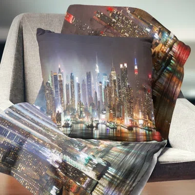 Design Art Lit Nyc Manhattan Skyline - Cityscape Printed Pillow