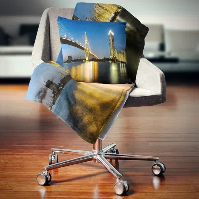 Design Art Lit Up Bhumibol Bridge At Dusk - Cityscape Printed Pillow In Blue;black;brown;green;red;yellow