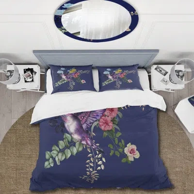 Design Art Little Bird On Colorful Bouquet Of Wildflowers I - Traditional Polyester Duvet Cover Set In Blue