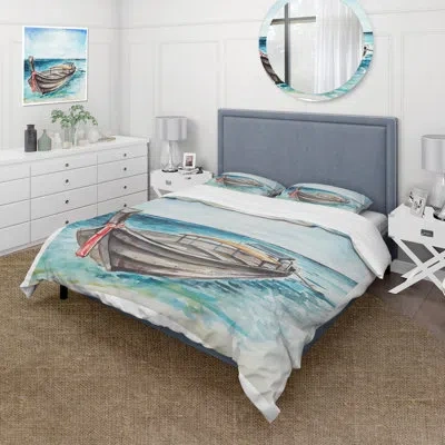 Design Art Little Boat At The Shore - Nautical & Coastal Duvet Cover Set - Microfiber Polyester In Blue,gray