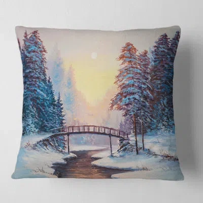 Design Art Little Bridge And Snow Covered Landscape Square Pillow Cover And Insert In White