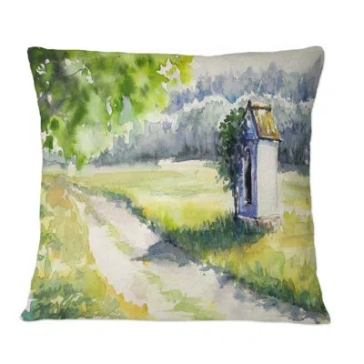Design Art Little Chapel Next To Countryroad - Country Printed Throw Pillow In Green