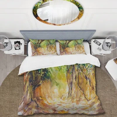 Design Art Little Forest Road - Traditional Duvet Cover Set - Microfiber Polyester In Brown,orange,green