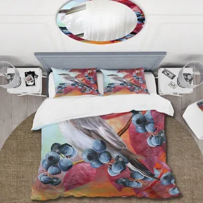 Design Art Little Gray Bird On Red Autumn On Blueberry Twig - Traditional Polyester Duvet Cover Set In Red,purple,brown