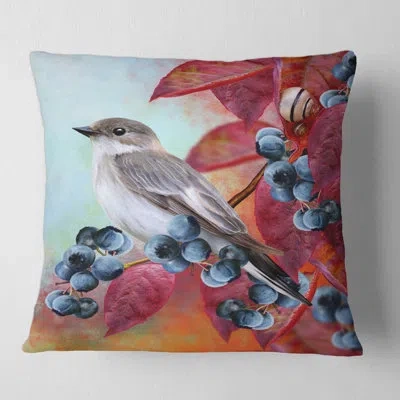 Design Art Little Gray Bird On Red Autumn On Blueberry Twig - Traditional Printed Throw Pillow